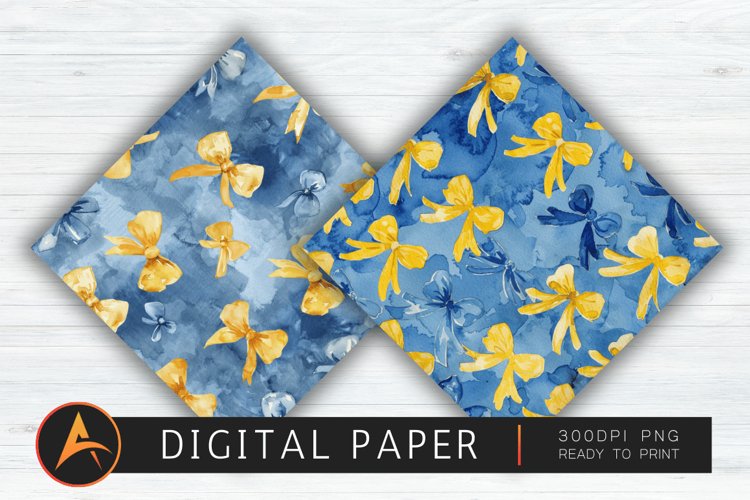 Watercolor Blue and Yellow Coquette Bows Scrapbook Paper