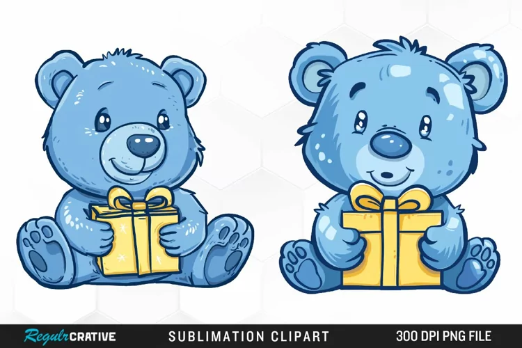 Watercolor Blue Bear Holds A Gift Clipart
