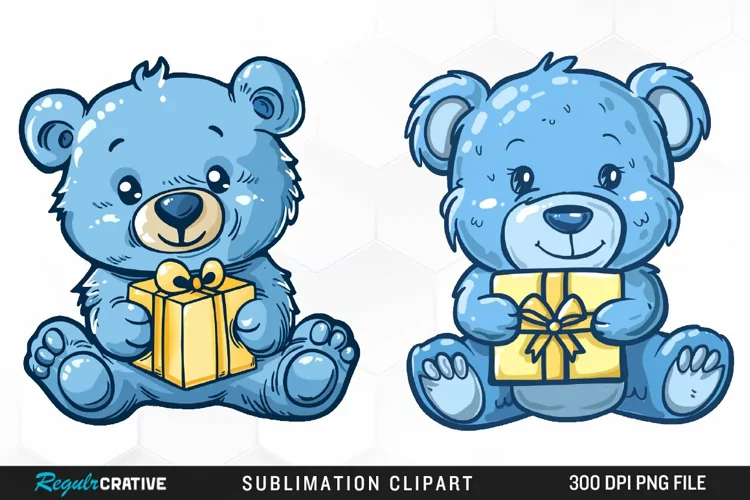 Watercolor Blue Bear Holds A Gift Clipart