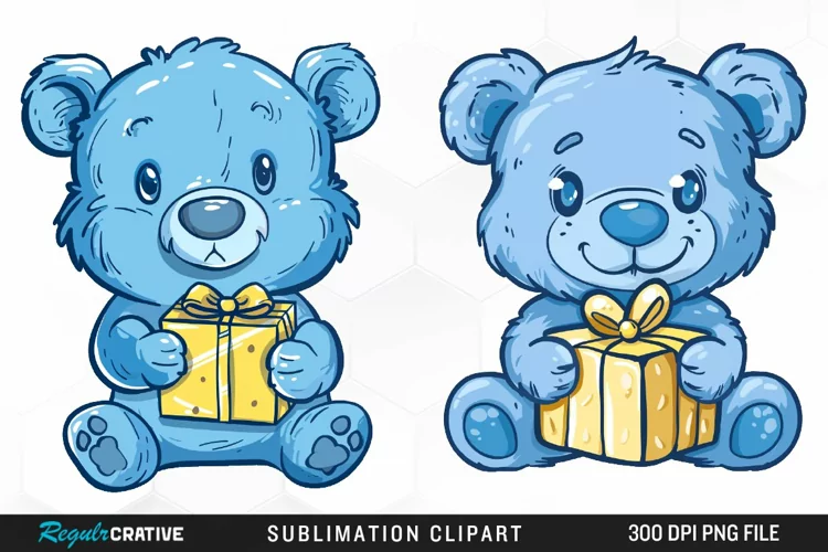 Watercolor Blue Bear Holds A Gift Clipart