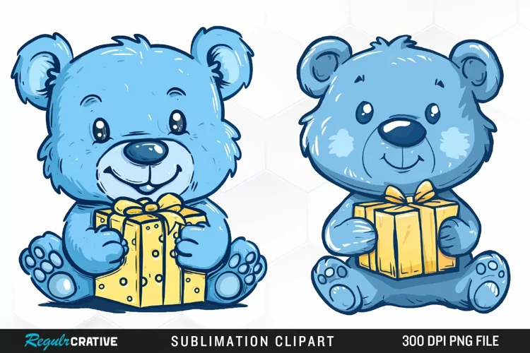 Watercolor Blue Bear Holds A Gift Art Clipart