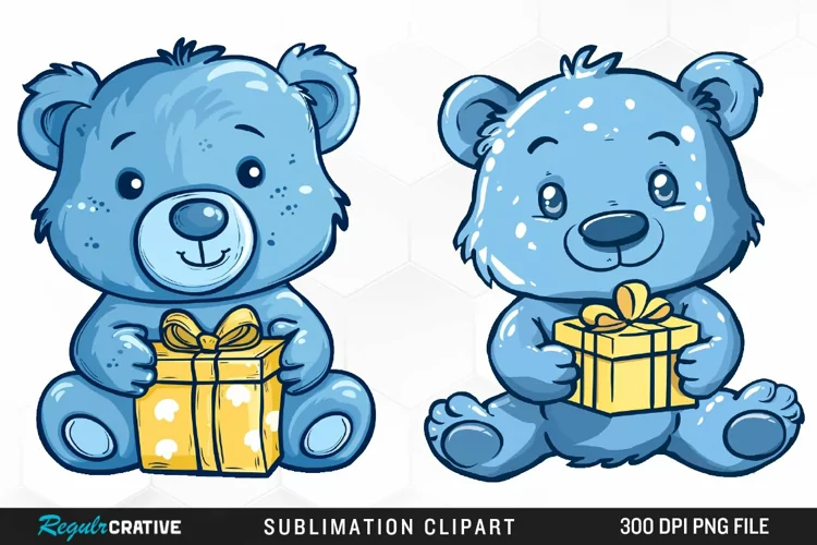 Watercolor Blue Bear Holds A Gift Clipart