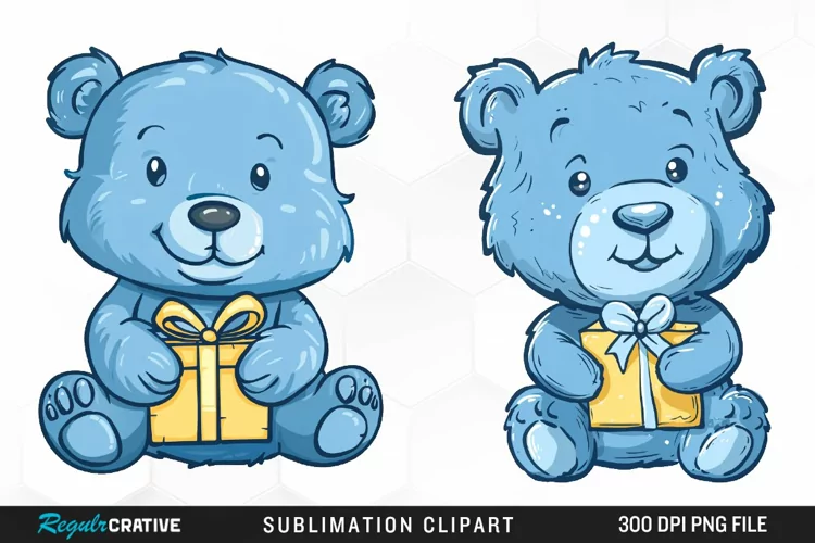 Watercolor Blue Bear Holds A Gift Clipart
