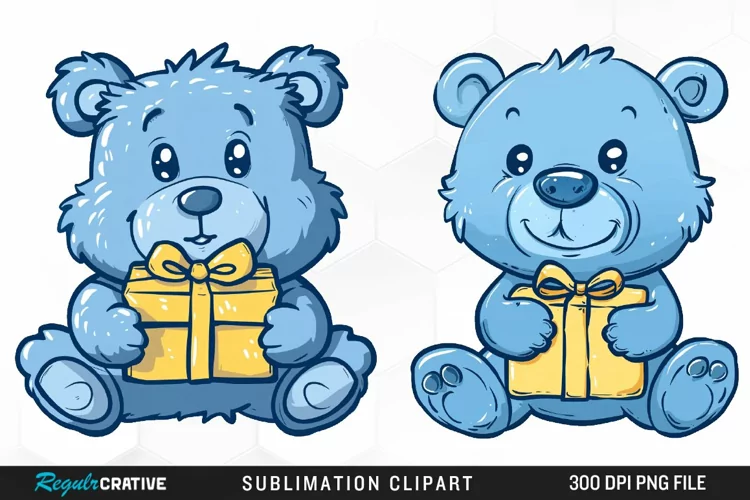 Watercolor Blue Bear Holds A Gift Clipart
