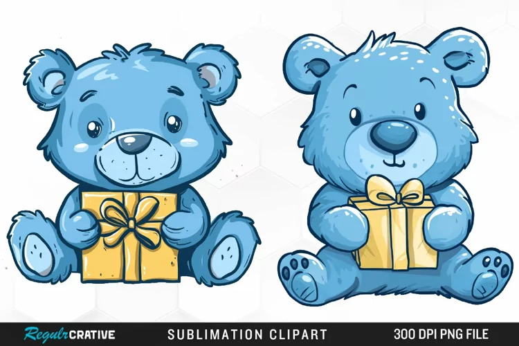 Watercolor Blue Bear Holds A Gift Clipart