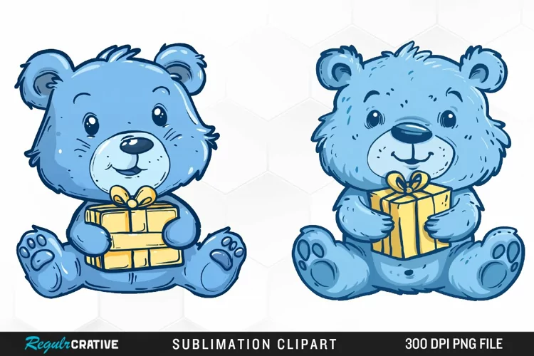 Watercolor Blue Bear Holds A Gift Art Clipart