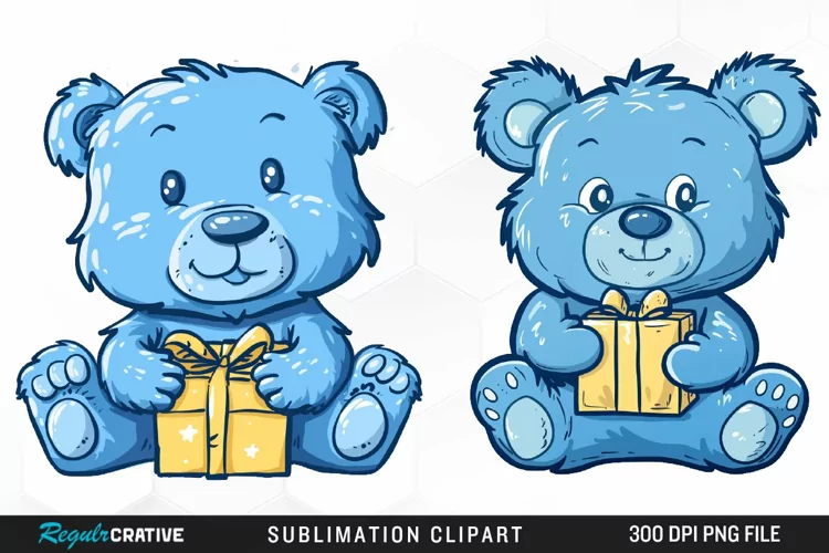 Watercolor Blue Bear Holds A Gift Clipart