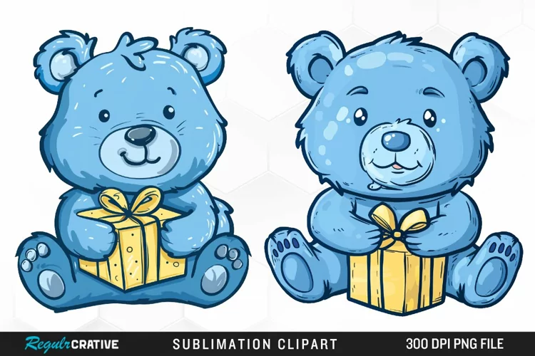 Watercolor Blue Bear Holds A Gift Clipart