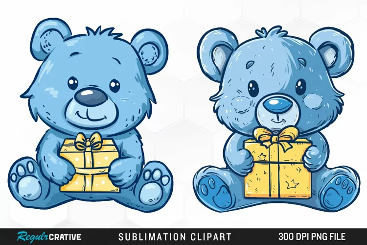Watercolor Blue Bear Holds A Gift Clipart
