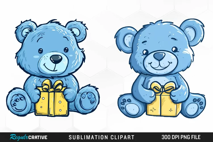 Watercolor Blue Bear Holds A Gift Clipart