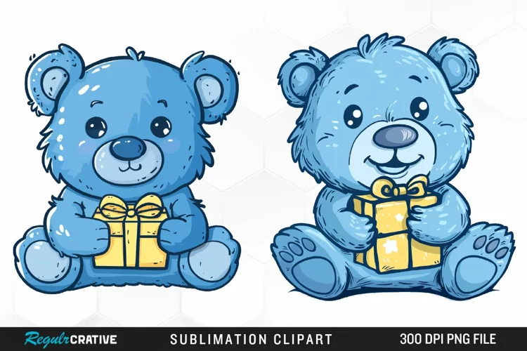 Watercolor Blue Bear Holds A Gift Clipart