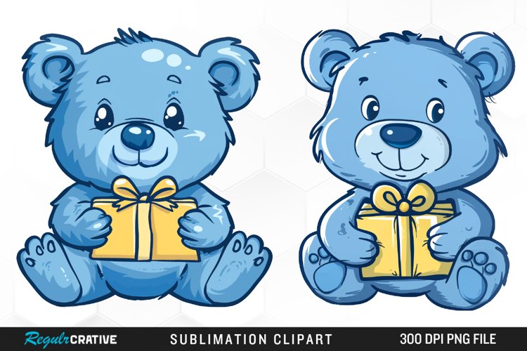 Watercolor Blue Bear Holds A Gift Clipart