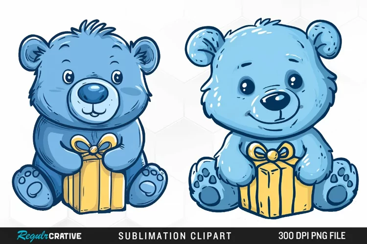 Watercolor Blue Bear Holds A Gift Clipart