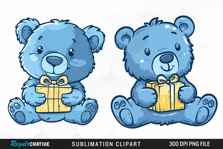 Watercolor Blue Bear Holds A Gift Art Clipart