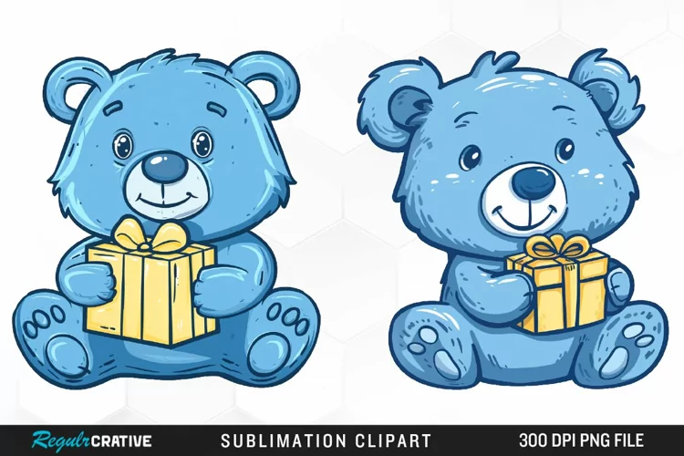 Watercolor Blue Bear Holds A Gift Clipart