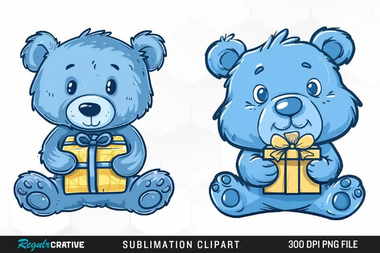 Watercolor Blue Bear Holds A Gift Clipart