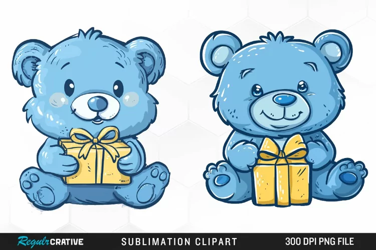 Watercolor Blue Bear Holds A Gift Clipart