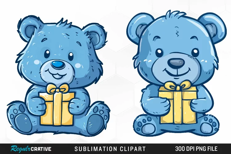 Watercolor Blue Bear Holds A Gift Clipart
