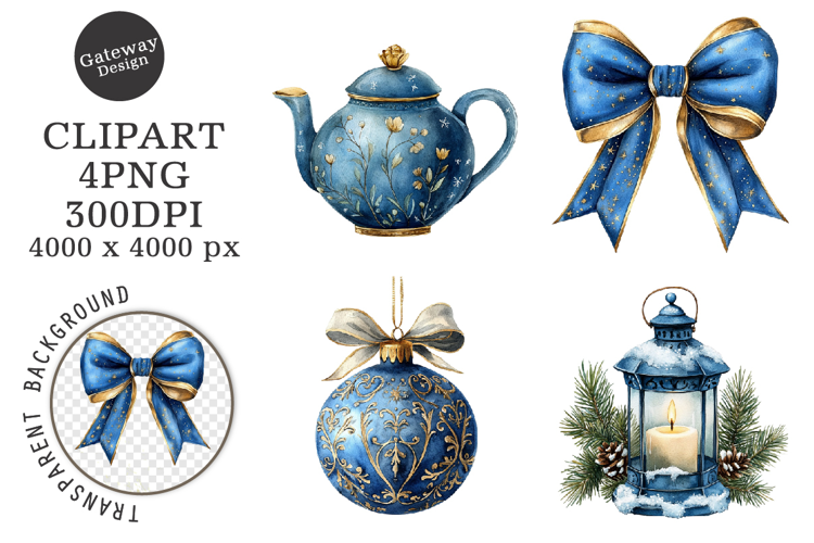 Watercolor Blue Christmas Clipart