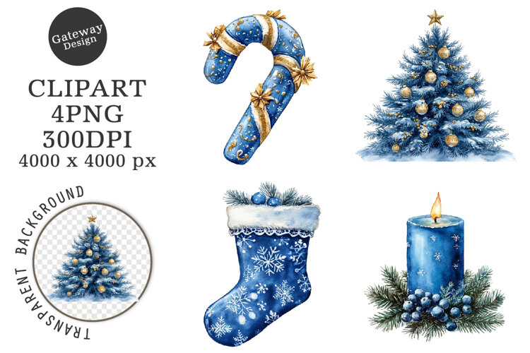 Watercolor Blue Christmas Clipart example image 1
