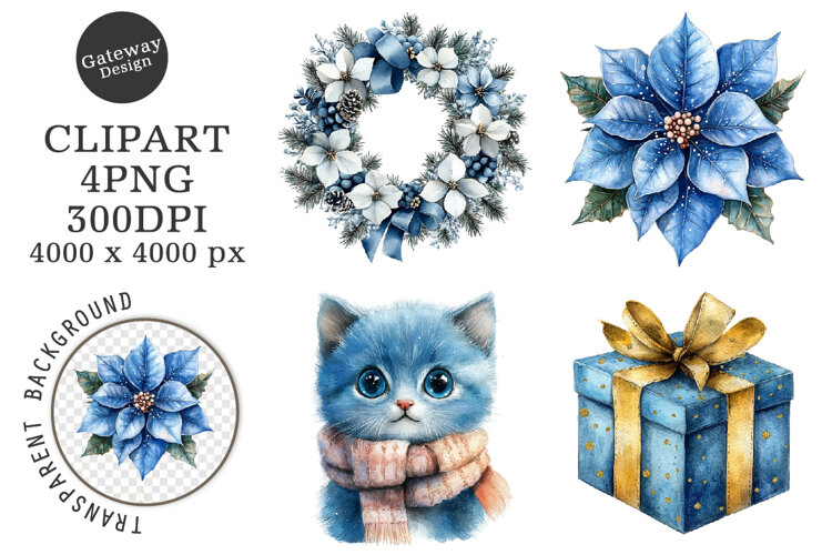 Watercolor Blue Christmas Clipart example image 1