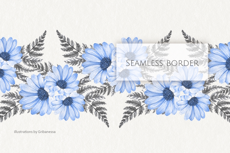 Watercolor Blue Daisy Seamless Border PNG