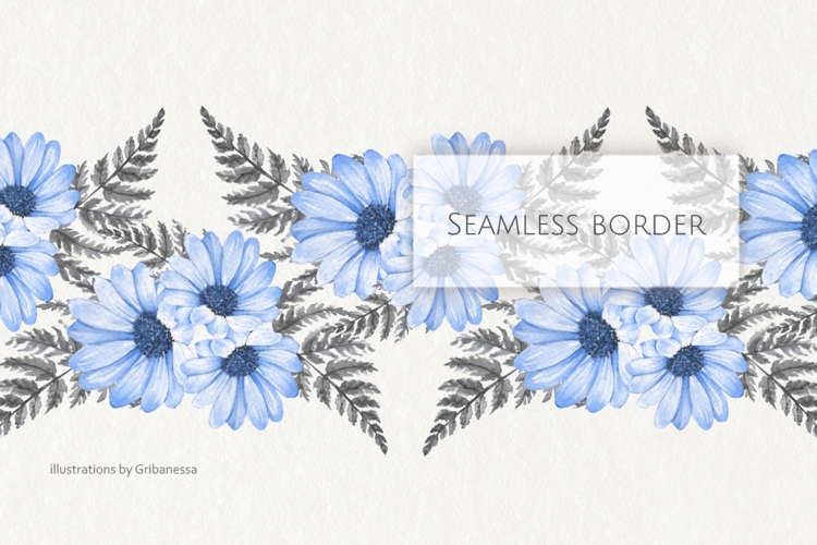 Watercolor Blue Daisy Seamless Border PNG