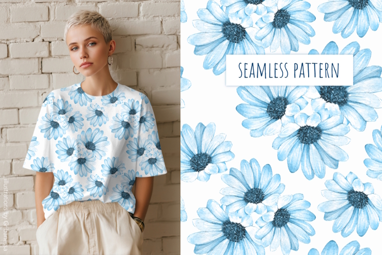 Watercolor Blue Daisy Seamless Pattern