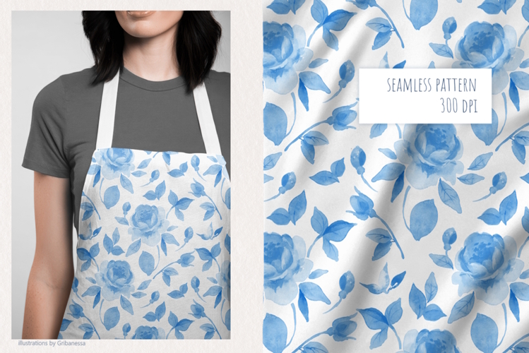 Blue Watercolor Rose Seamless Pattern