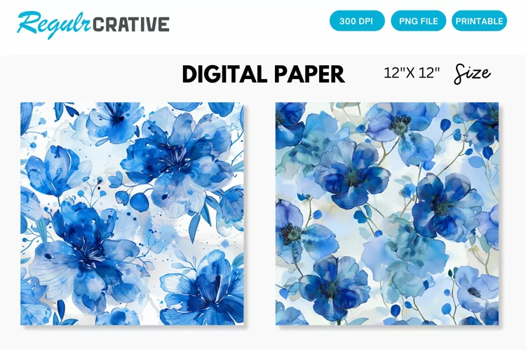 Watercolor Blue Flowers Digital Paper, Flowers Background