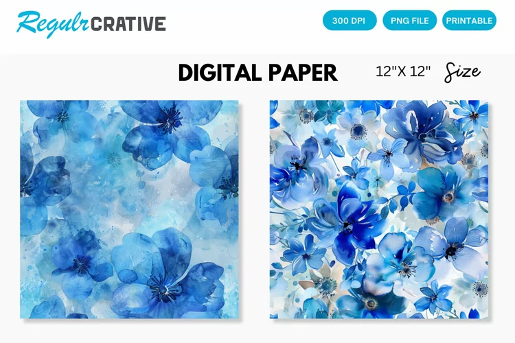 Watercolor Blue Flowers Digital Paper, Flowers Background