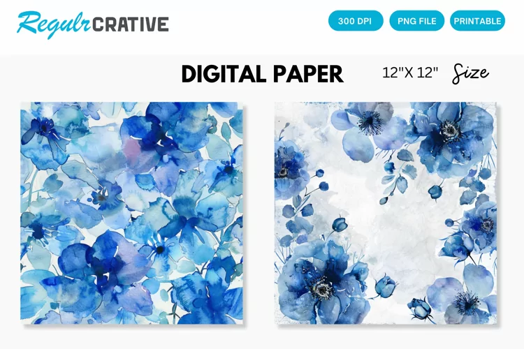 Watercolor Blue Flowers Digital Paper, Flowers Background