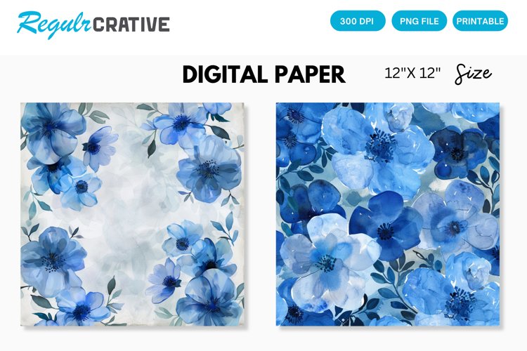Watercolor Blue Flowers Digital Paper, Flowers Background