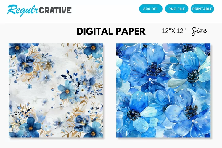 Watercolor Blue Flowers Digital Paper, Flowers Background