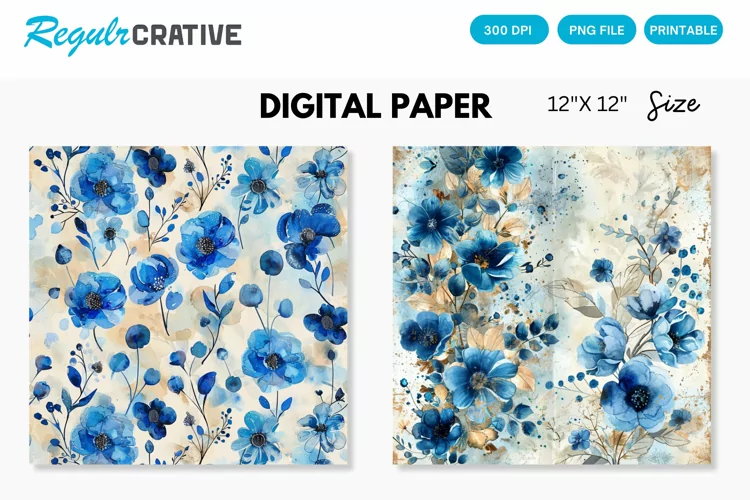 Watercolor Blue Flowers Digital Paper, Flowers Background