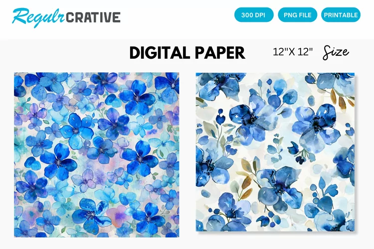 Watercolor Blue Flowers Digital Paper, Flowers Background