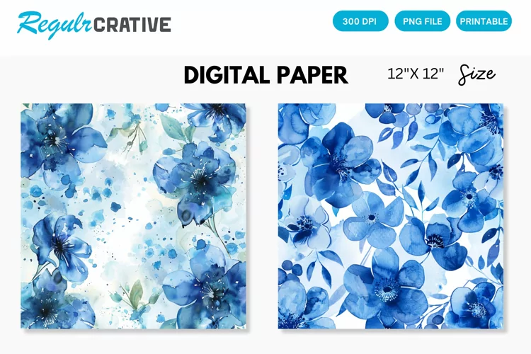 Watercolor Blue Flowers Digital Paper, Flowers Background