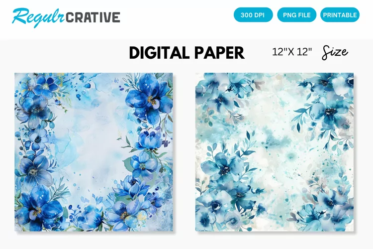 Watercolor Blue Flowers Digital Paper, Flowers Background