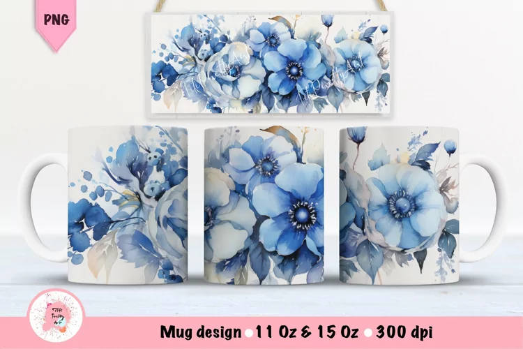 Watercolor Blue Flowers Mug Wrap For 11 oz and 15 oz
