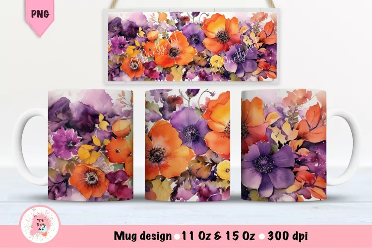 Watercolor Purple Flowers Mug Wrap For 11 oz and 15 oz