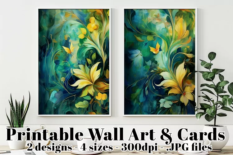 Watercolor Abstract Blue, Green and Gold Posters Cards, s1