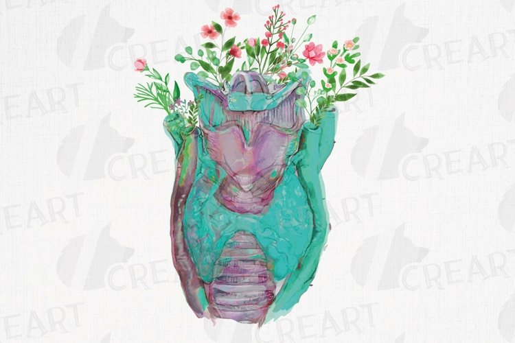 Watercolour blooming human anatomy larynx with thyroid art. example image 1