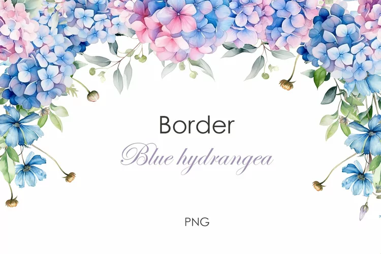 Watercolor blue hydrangea border