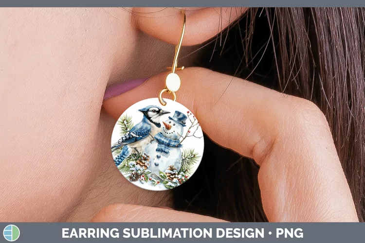 Watercolor Blue Jay Round Earrings Sublimation Earrings Desi