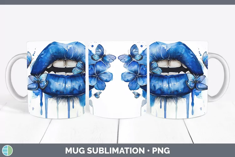 Watercolor Blue Lips Mug Wrap Sublimation Coffee Cup Designs