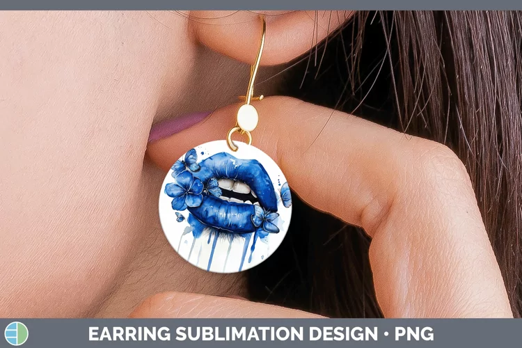 Watercolor Blue Lips Round Earrings Sublimation Earrings Des