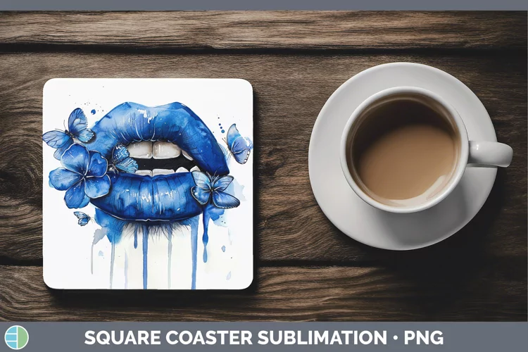Watercolor Blue Lips Square Coaster Sublimation Coaster Desi
