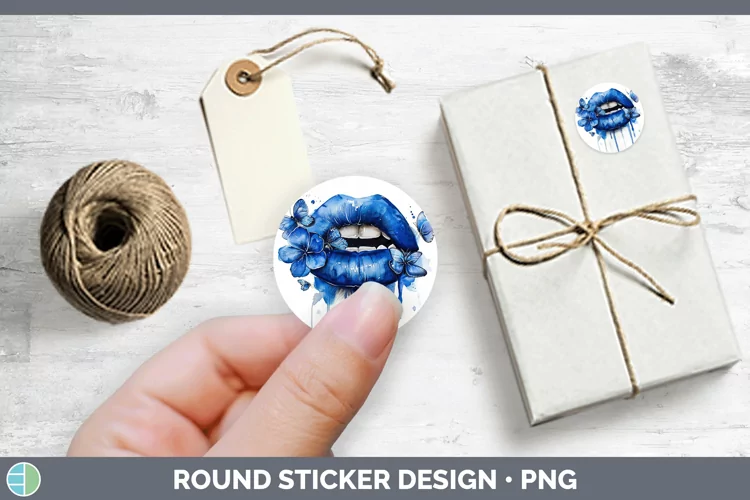 Watercolor Blue Lips Stickers | Round Labels Designs