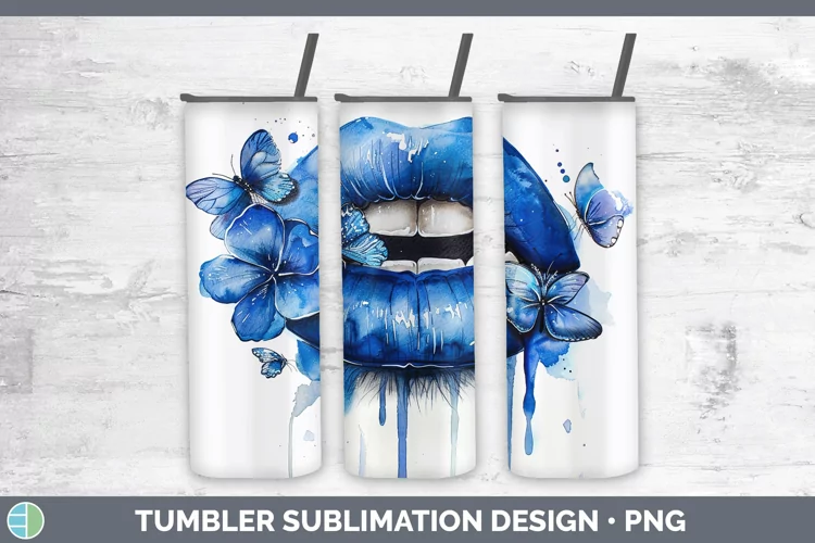 Watercolor Blue Lips Tumbler Sublimation 20 oz Skinny Tumble