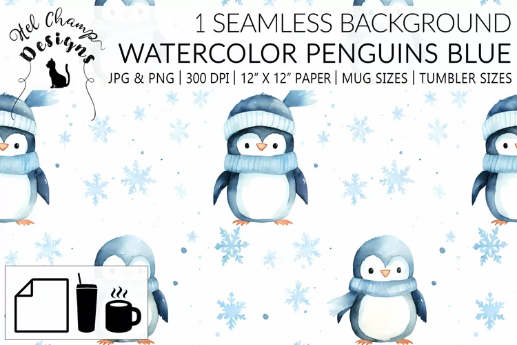 Watercolor Penguins Blue | Patterns | Sublimation